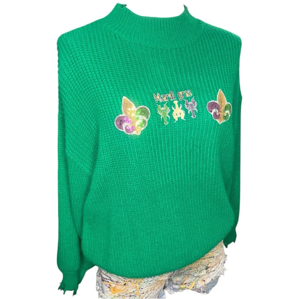 Green Mardi Gras Oversized Distressed Sweater, Size: Small